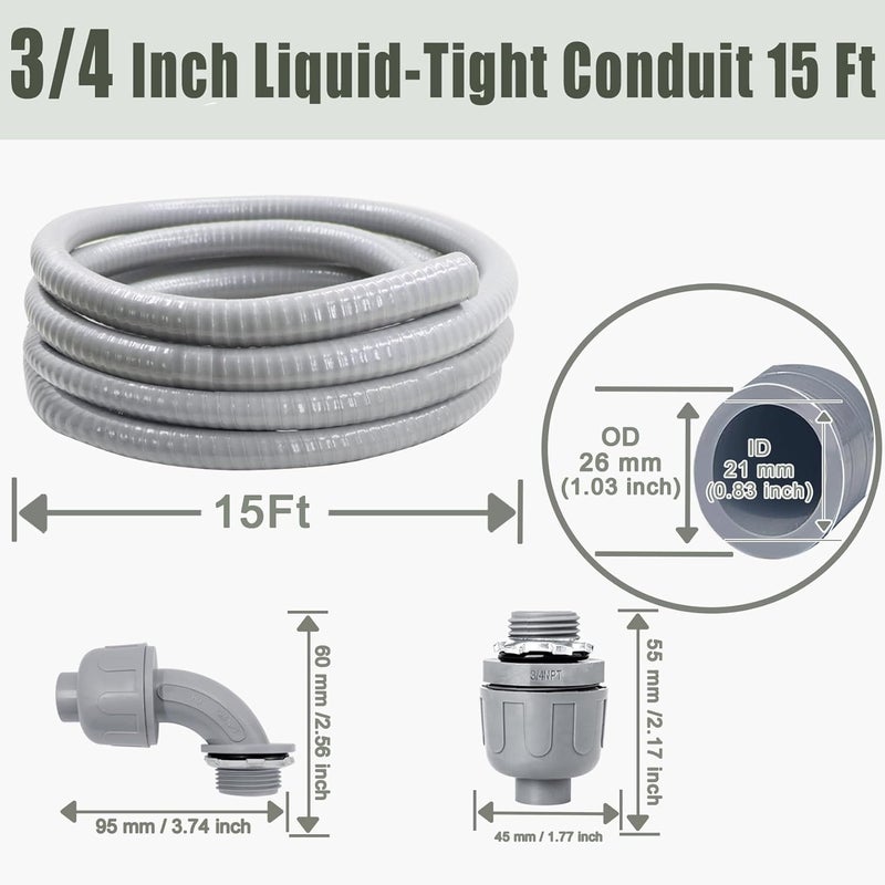 Feotech Liquid-Tight Conduit and Connector Kit - 3/4 Inch 15 FT Non Metallic Liquid Tight Electrical Conduit with 2 Straight and 2 Angle Fittings - Image 2